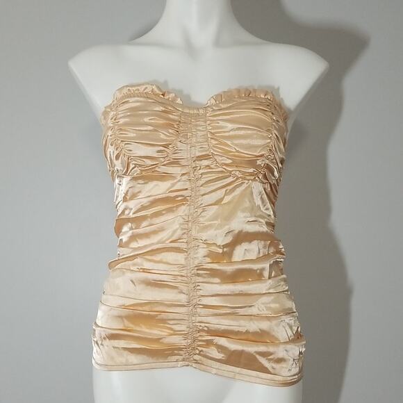 NWOT PrettyLittleThing Champagne Satin Ruched Tube Top - Picture 1 of 7